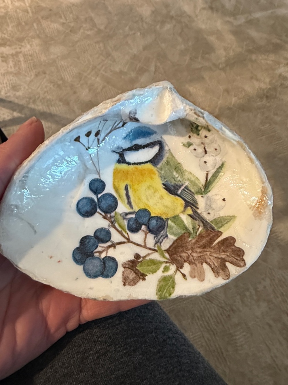 Hand Crafted Decoupage Yellow & Blue Bird Sea Shell Ring Trinket Dish